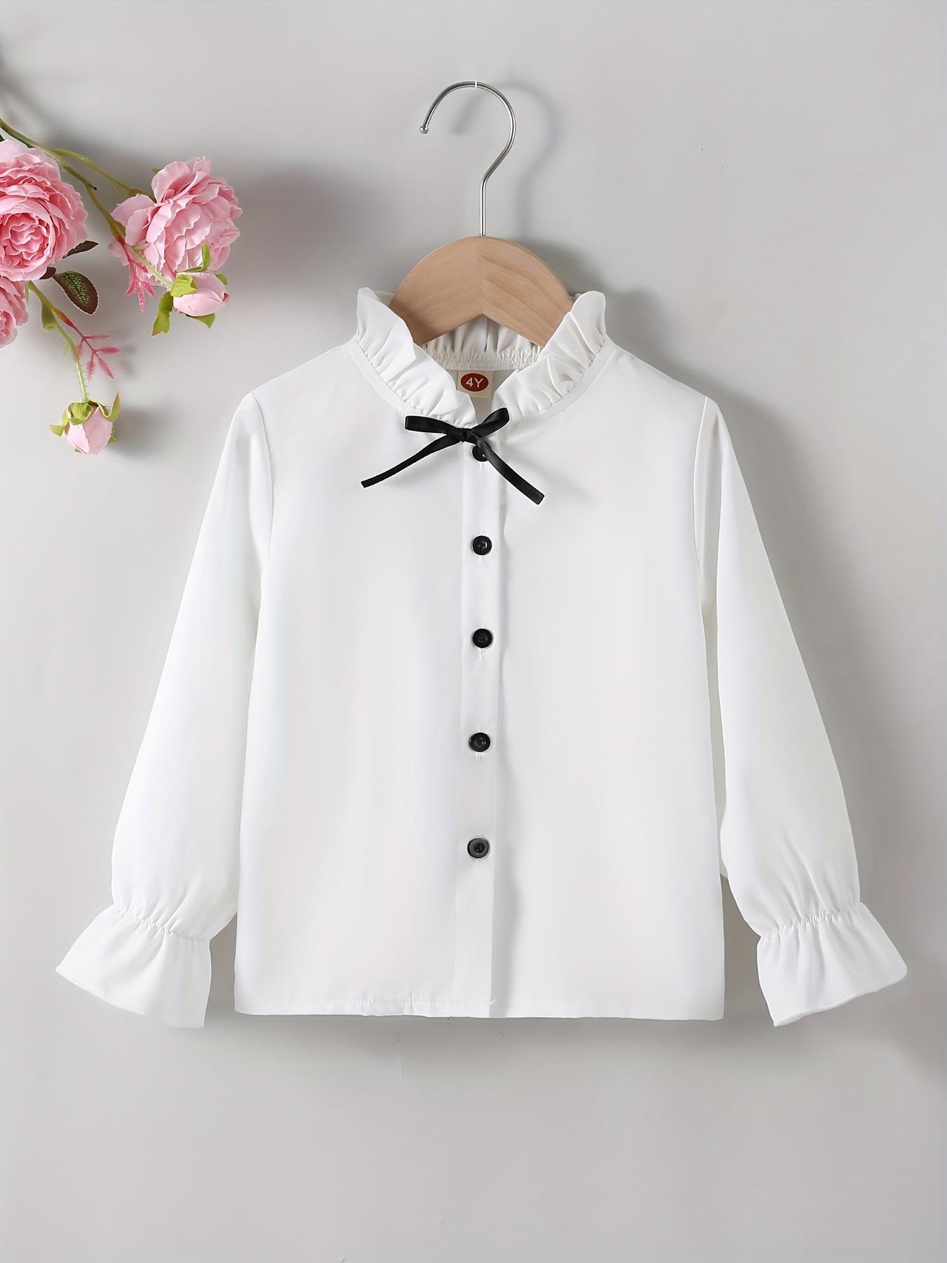 Girls  Ruffle Collar Bow Tie Blouse, Long Sleeve Button-Down White Shirt for Kids 4Y белый