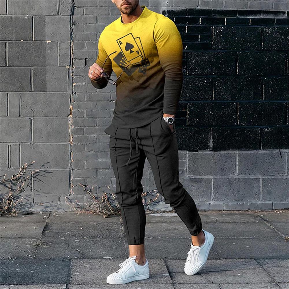 2023 Men High Quality Long Sleeve Set For Man Fashion Summer Design Printed T-Shirt Long Pants 2Pcs Outfit Clothing Sport Suit
