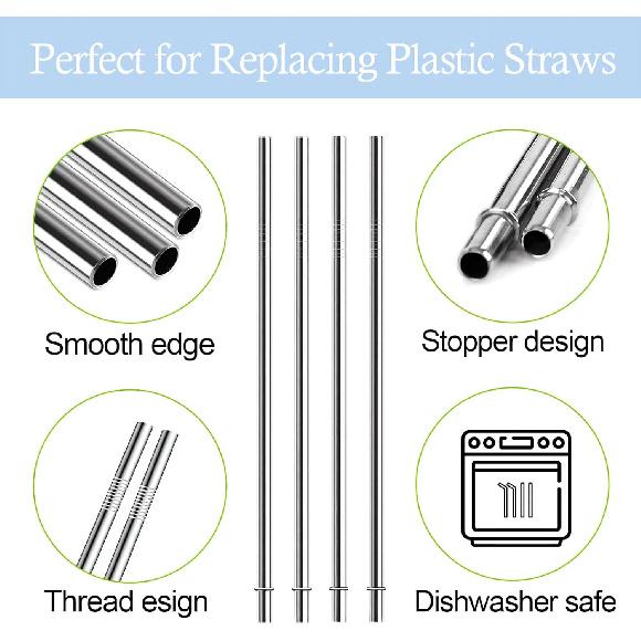 10.5 Inch Stainless Steel Straws Replacement for Starbucks Cold Cup Venti 24 Oz, 6 PCS Straight Reble Metal Straw with Cleaning Brush, 10.5" X 0.31"