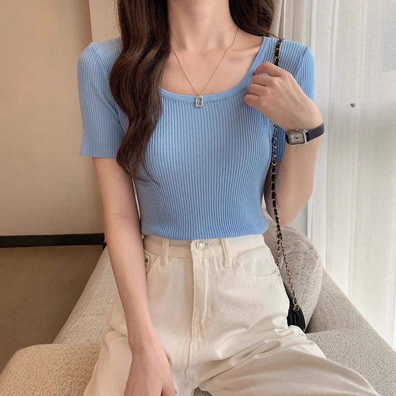 Fashion Ice Silk Short Sleeved Knitted Women's T-shirt Spring Summer New Slim Fit Thin Pullover Bottomed Sweater Women's Short Top Women's Clothing