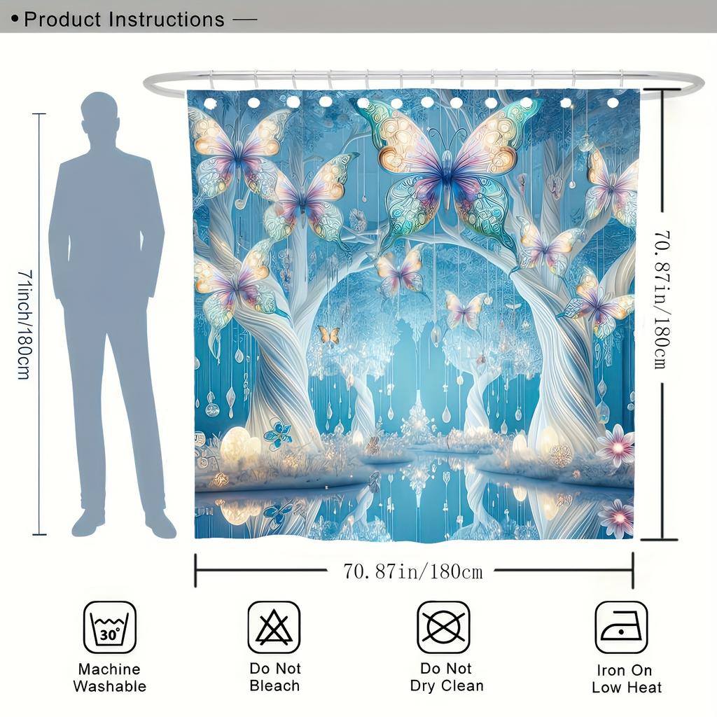 Fantasy Butterfly Tree Pattern Digital Print Shower Curtain, Bathroom Home Decor with Free Hooks, Four Seasons Woven