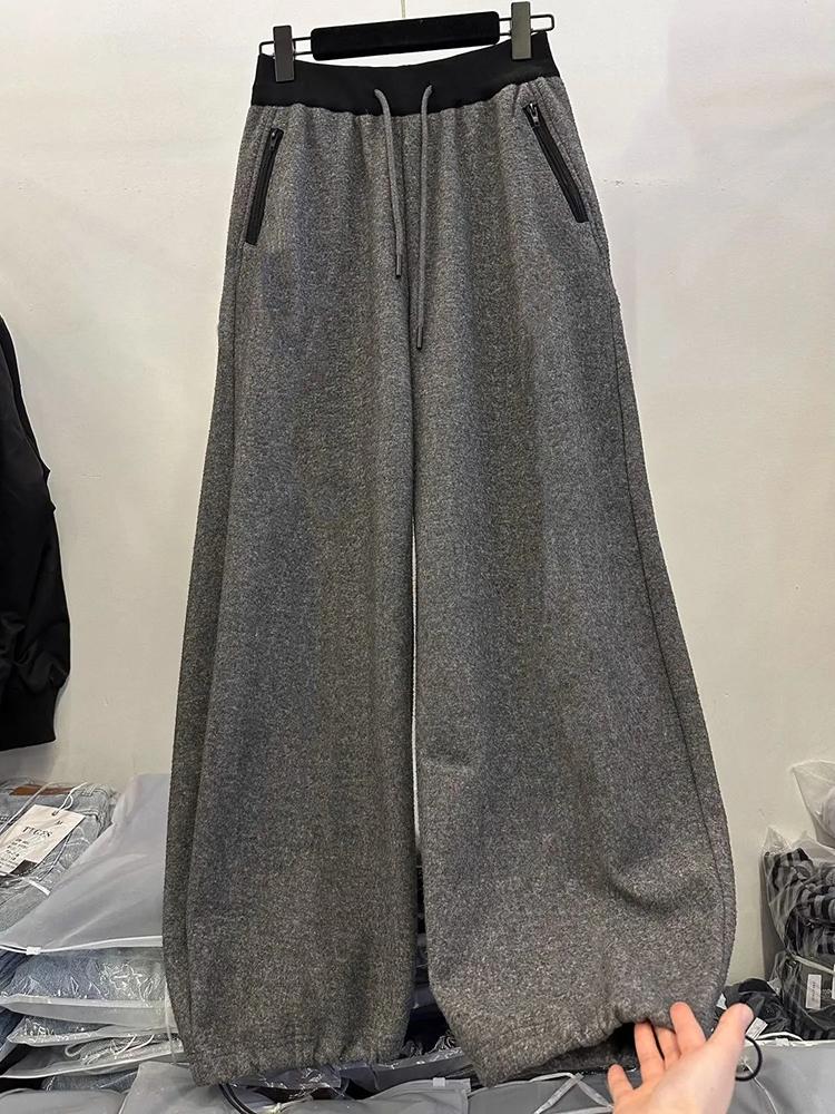 Winter Thick Sickle Pants Women High Waist Streetwear Patchwork Straight Pants Y2K Loose Casual Drawstring Wide Leg Trousers