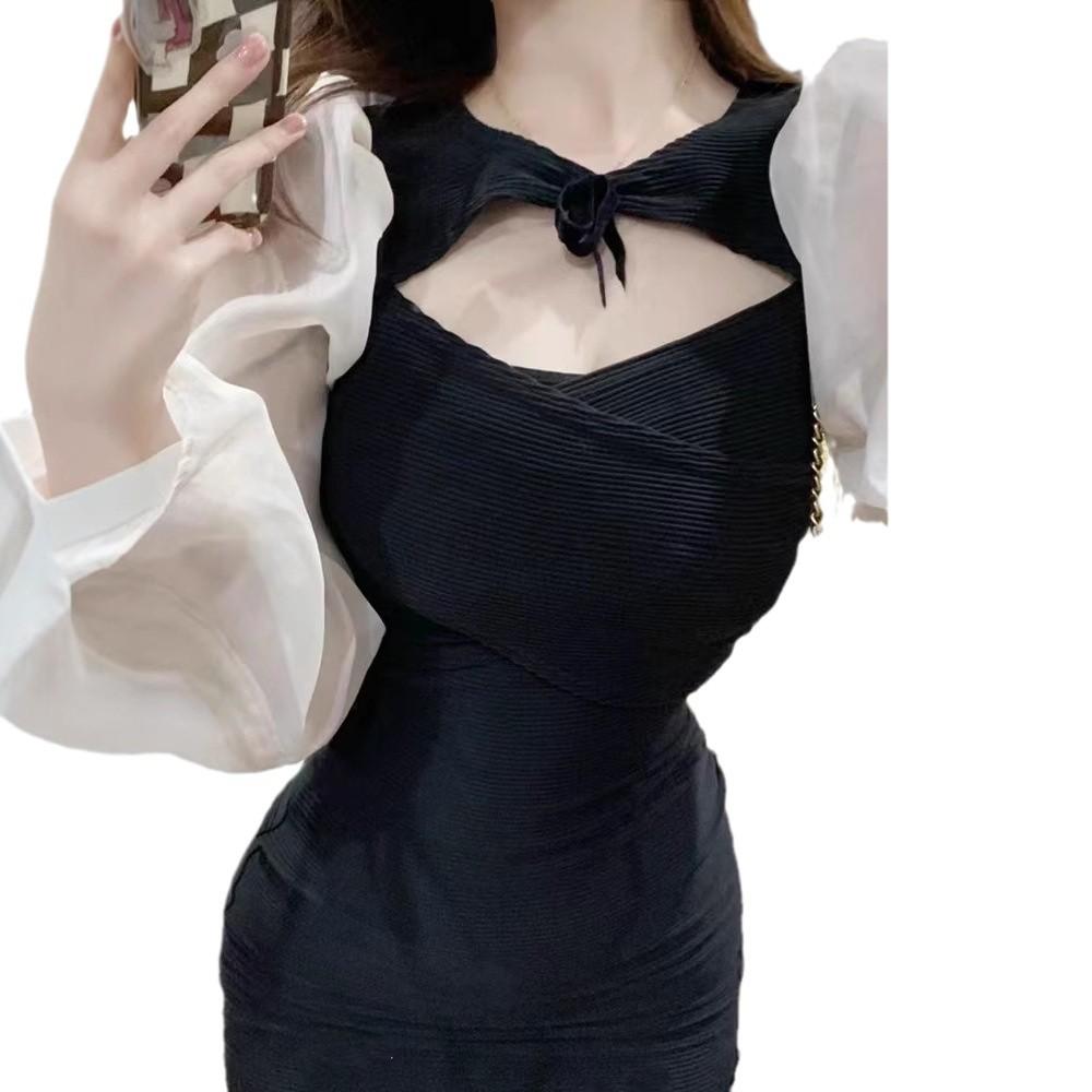 French Hepburn Spice Girl Black Dress Women's Autumn Design Chic Hollow Sexy Waist Buttocks Short Skirt