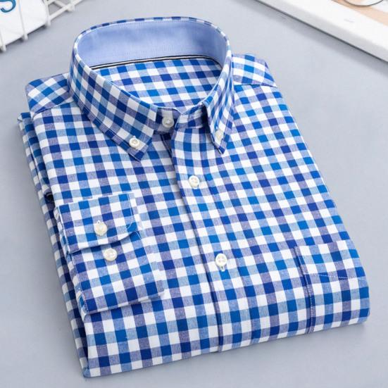 Casual Men Shirt Button Closure Single Breasted Pocket Design Long Sleeves Sweat Absorbent Cotton Blend Plaid Print Men Spring Shirt Men Garment