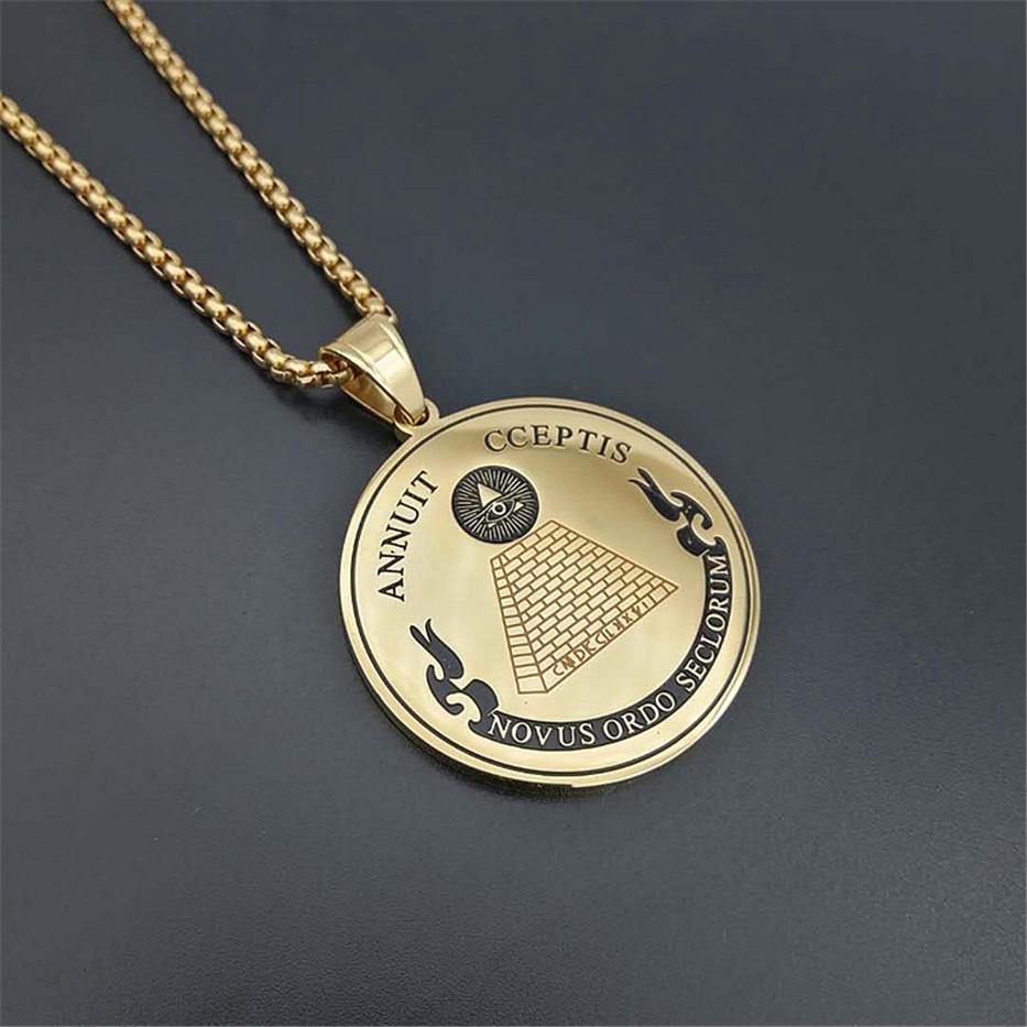 Hip Hop Round Coin All Seeing Eye of Providence Pendants Necklaces for Women/Men Gold Color Stainless Steel Masonic Jewelry 60cm