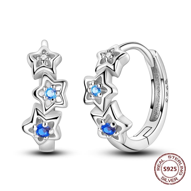 Shining Blue Zircon Owl Earrings 925 Silver Evil Eyes Earrings for Women Wedding Engagement Planet Moon Star Zirconia Jewelry