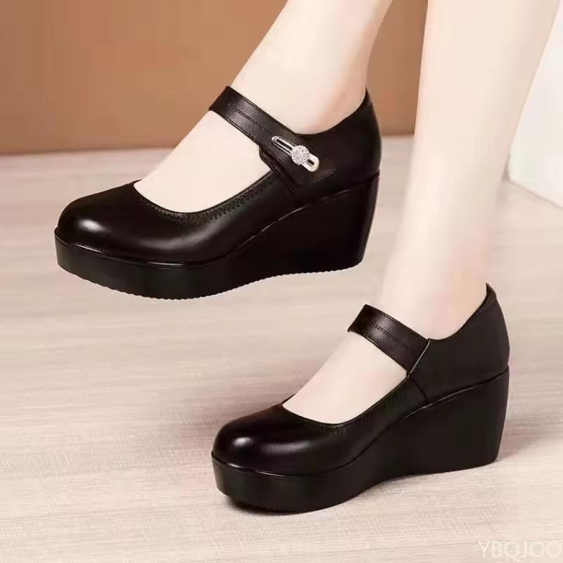 Spring Autumn Round Toe Women's Shoes Casual Thick Soled Comfort Shoes Versatile High Heels Slope Heel Ladies Pumps