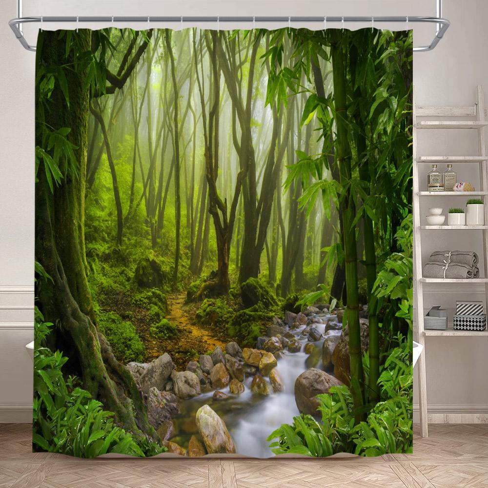 Forest Landscape Shower Curtains Tropical Jungle Palm Plants Waterfall Nature Scenery Fabric Bathroom Curtain Decor With Hooks