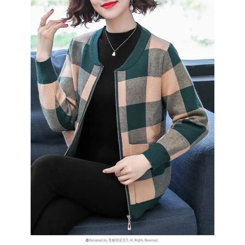 Cardigan Giacca con Zip Manica Lunga a Quadri Contrasto Top Moda Casual