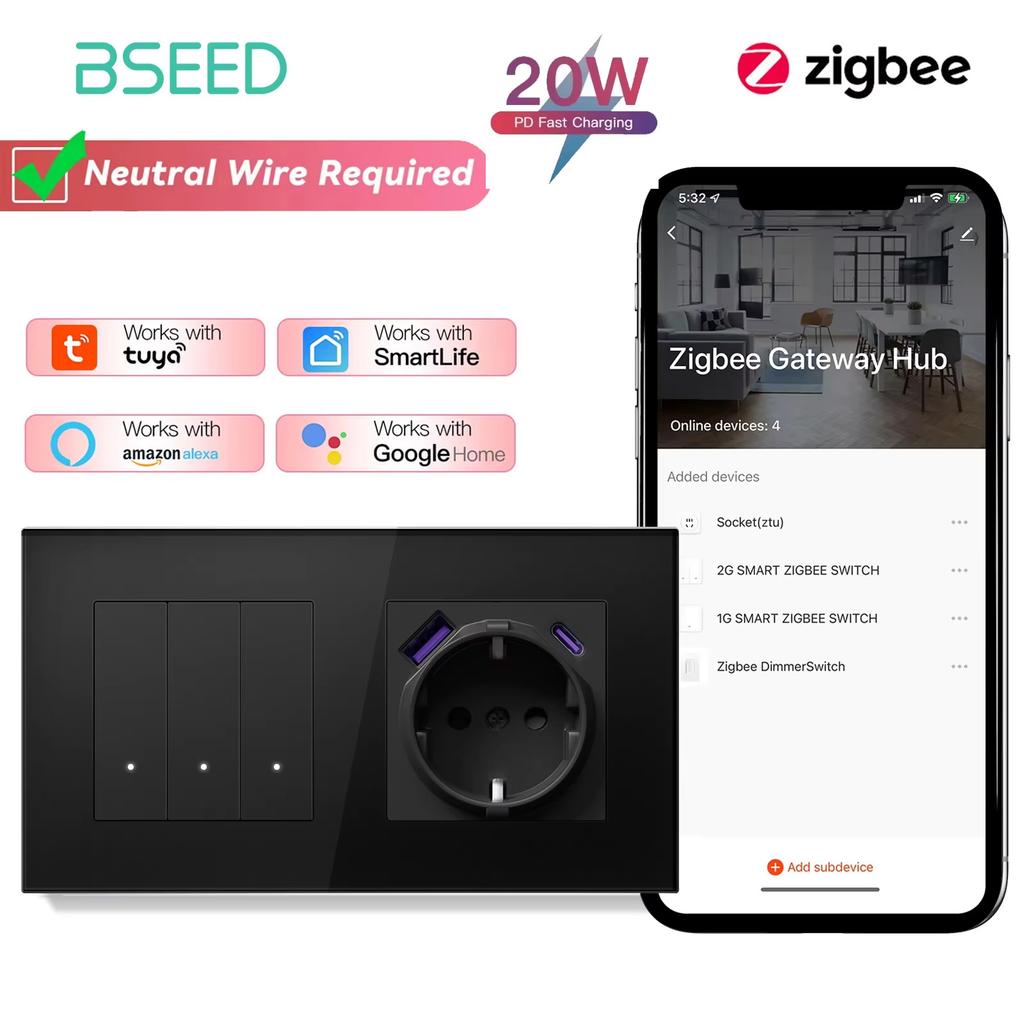 BSEED Zigbee 1/2/3Gang Smart Click Light Switches 1/2/3Way Tuya Smart Life Alexa Compatible Plus EU Power Sockets Glass Panels