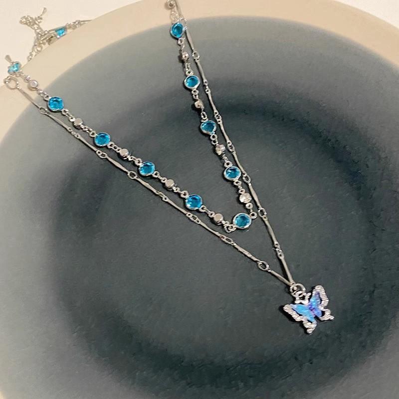 Romantic Blue Crystal Butterfly Necklace For Women Girls Simple Shiny Zircon Bilayer Choker Clavicle Chain