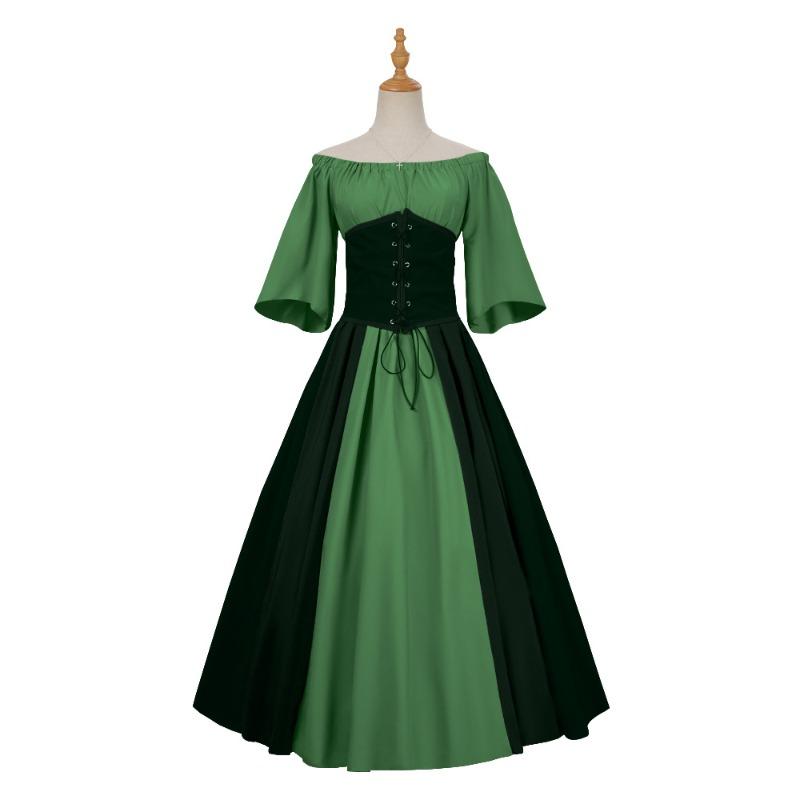 Medieval retro contrasting color slim-fitting skirt flying sleeves big swing skirt one-word shoulder dress women's clothing performance