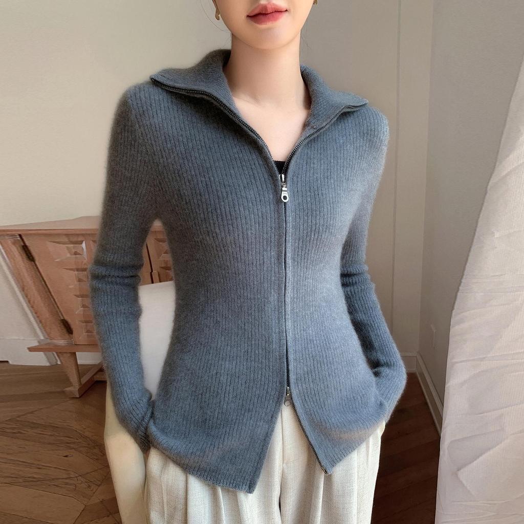 25 Premium Women's Baby Cashmere Cardigan, Double-Zipper Lapel Ribbed Sweater, Loose Wool Coat for Autumn/Winter.