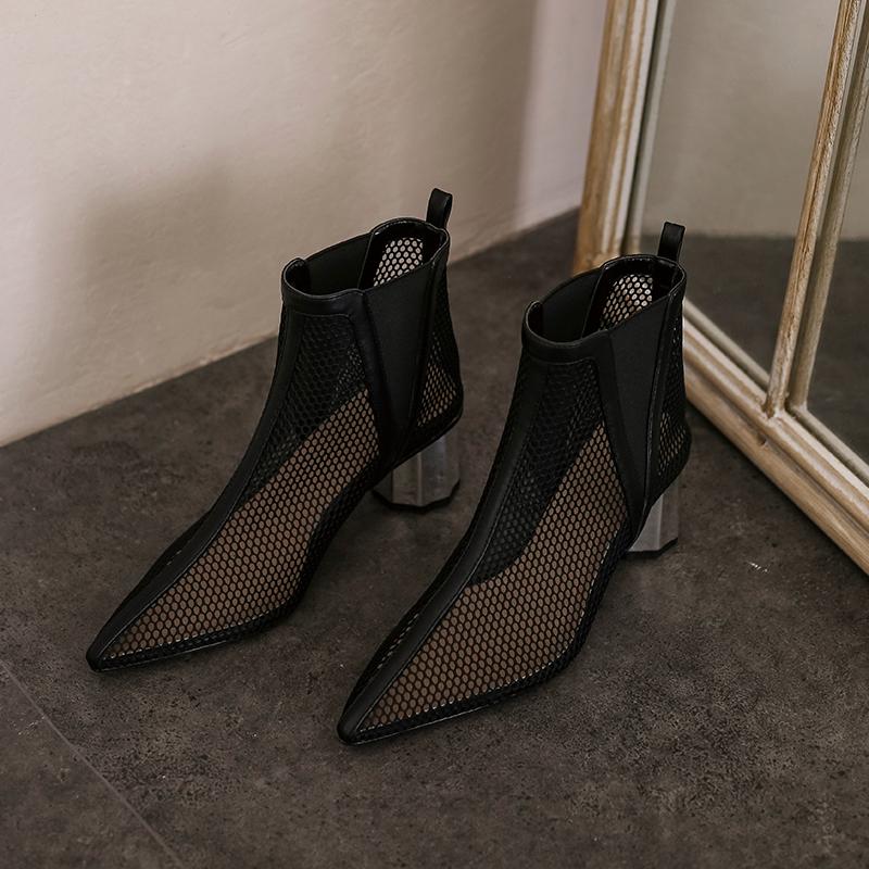 Fashion Women Summer Ankle Boots Mesh Cut Out Hollow Pointed Toe Bootie Shoes Female Thick High Heel Sandals Fashion Women Cool Boots