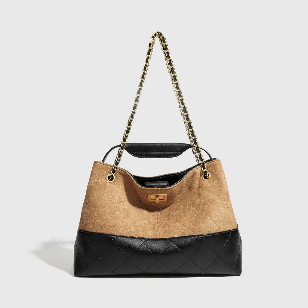 2025 New Model Color-Block Suede-Style Quilted Chain Frosted Leather Underarm Bag, Handbag, Shoulder Bag, Crossbody Bucket Bag