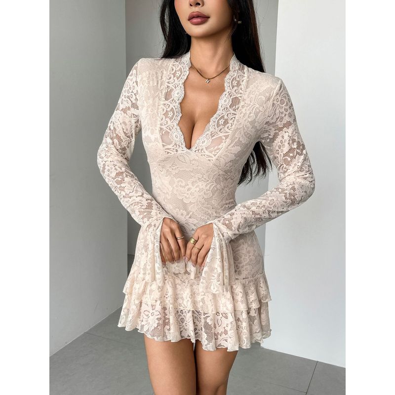 

European and American Cross-Border Amazon 2025 Autumn and Winter New Lace V-Neck Double-Layer Ruffle Slim-Fit Bodycon Dress Apricot S