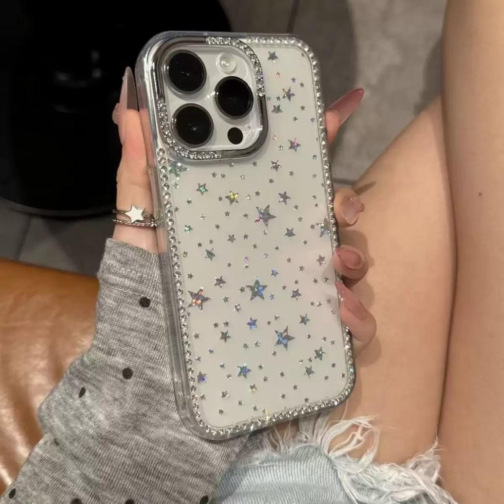 Luxury Laser Stars Rhinestone Bumper Phone Case For iPhone 16 15 14 13 12 11 Pro Max Plus IMD Transparent Shockproof Cases Cover