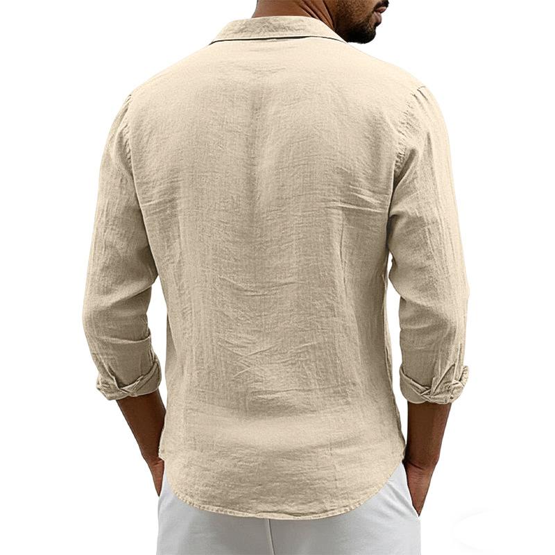 New Men's Solid Color Long Sleeve Shirt Linen Cotton Shirts Trend Plus-size Lapel Collar Casual Lightweight Beach Tops