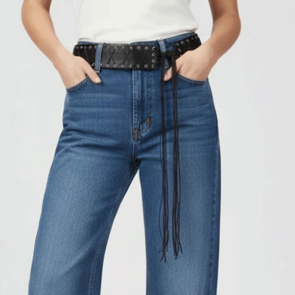 Wide Side Black Punk Belt Lace-up Straps Tassel Belt Leather Waist Chain Men Waist Decoration