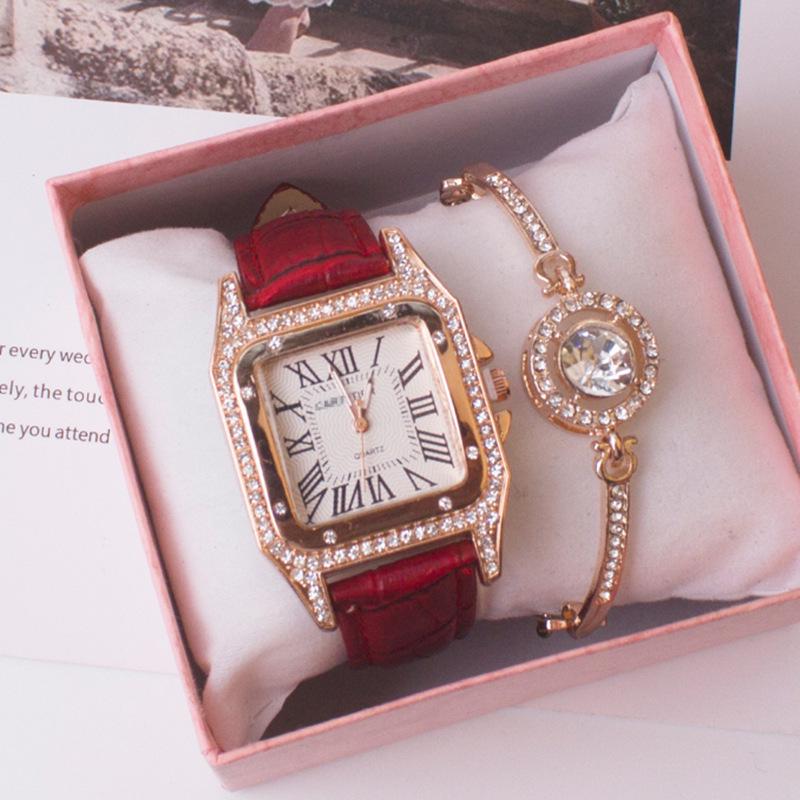 Elegant Roman Numeral Rhinestone Ladies Square Watch & Gift Set
