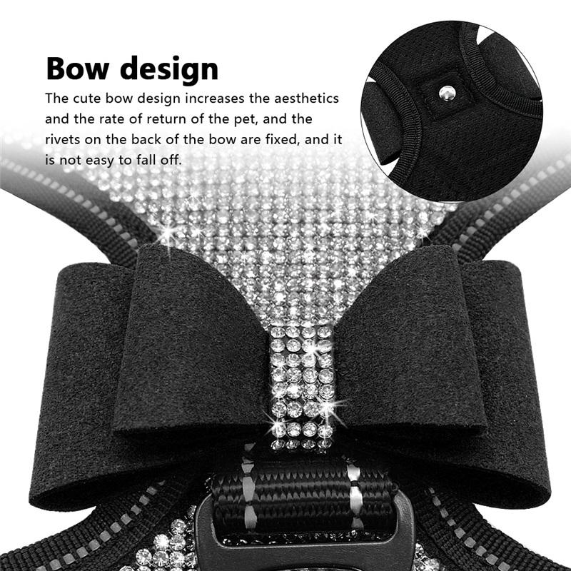Bling Rhinestone Dog Harness Reflective Small Dog Harness With Cute Bowknot Mesh Nylon Puppy Cat Vest Adjustable For Dogs Pug