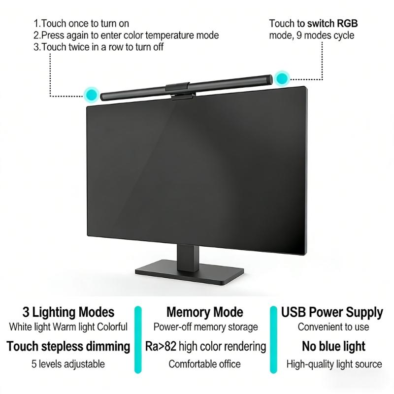 LED Monitorlicht Hängende Schreibtischlampe Berührbare Dimmfunktion Augenfreundlich für Arbeit Gaming Augenschutz Computer Schreibtisch