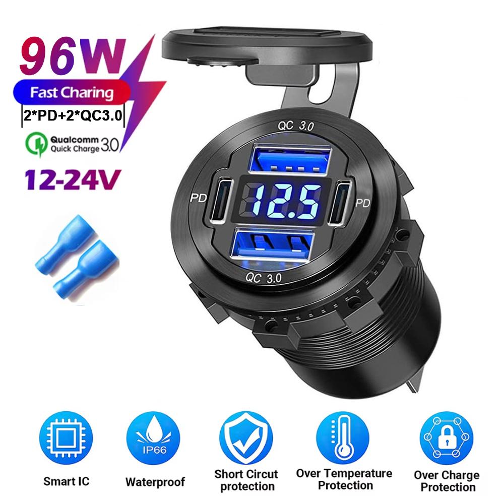 83W Max Phone Charger Socket 45W PD+QC3.0 Fast Charging 22.5W Dual USB+Type C Outlet 3 Ports Power Adapter Waterproof 12V-24V