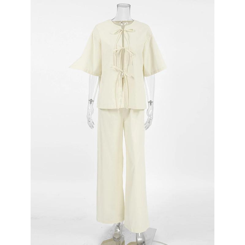 

Однотонный комплект из хлопковой рубашки и брюк со шнуровкой и бантом, женский летний повседневный свободный топ с коротким рукавом, прямые брюки, наряды M абрикосовый