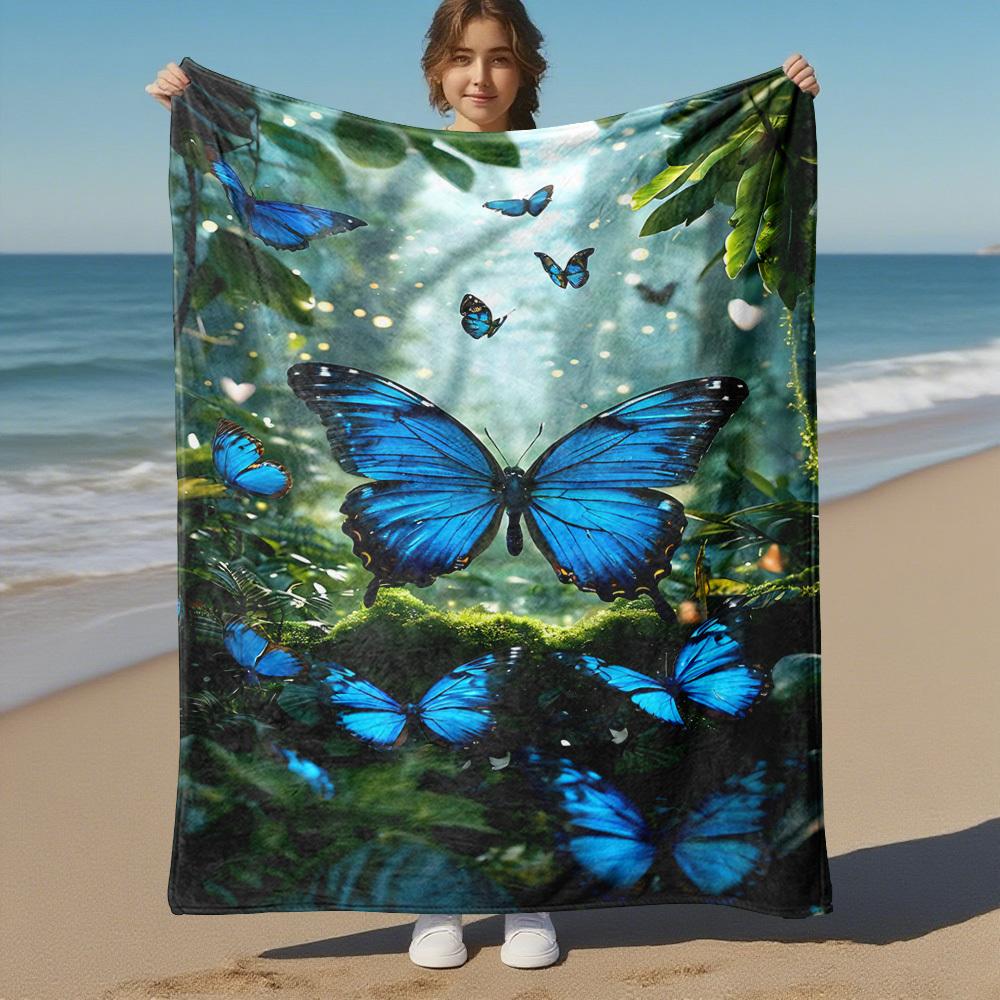 1PC Blue Butterflies forestOutdoor Flannel Blanket - Soft Plush Decor for Picnics, Camping, Bedroom, Playroom, Office, or Lunch Break 1370A