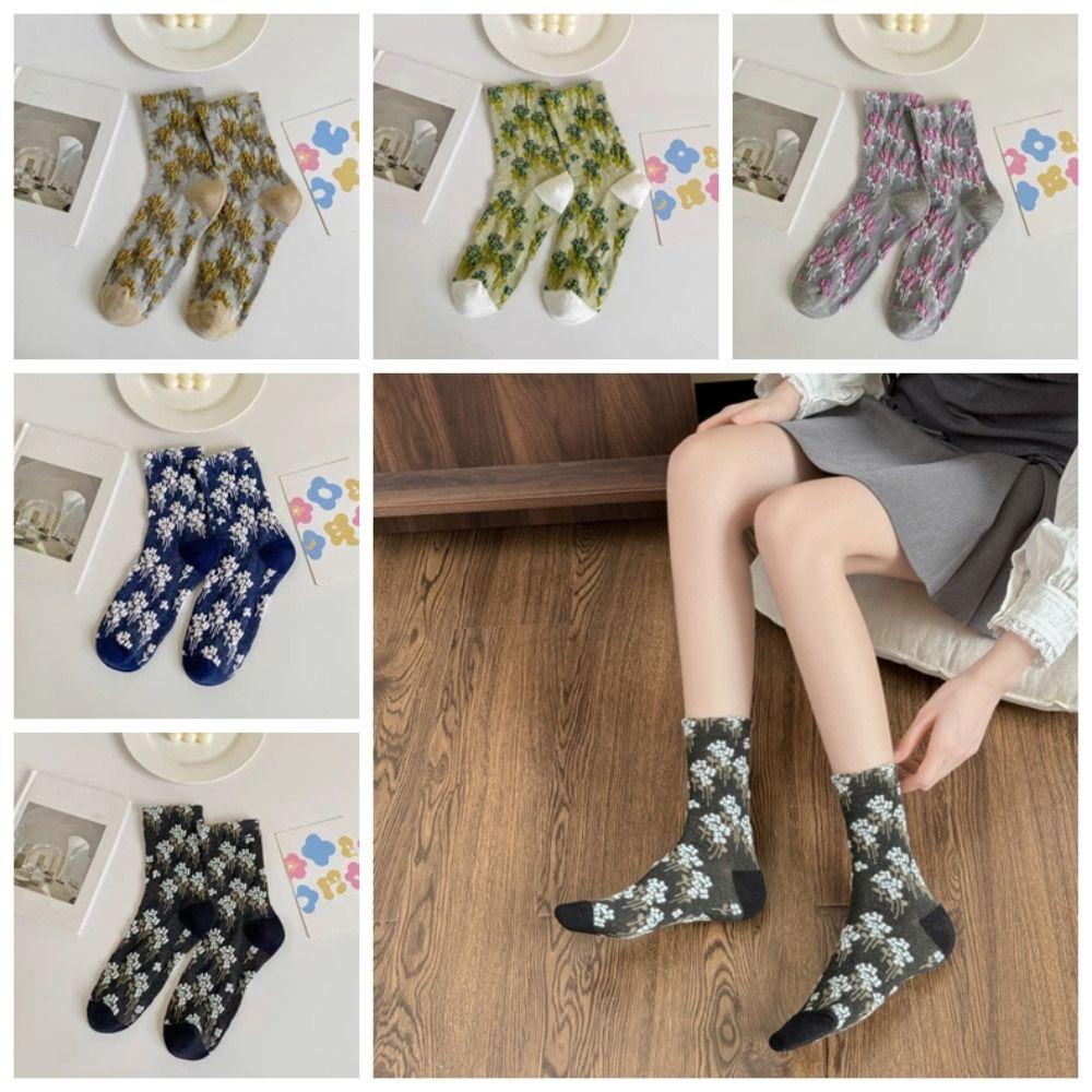 5Pairs Breathable Floral Short Socks Patchwork Retro Socks Soft Mid Tube Socks Female