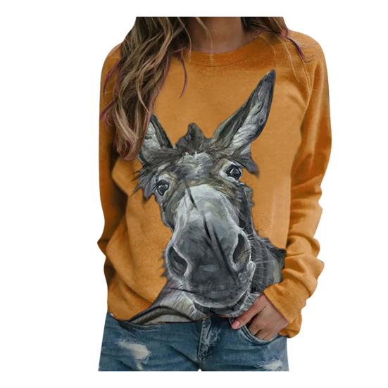 Damen Langarm Pullover Bluse Esel Print Lose Sweatshirt
