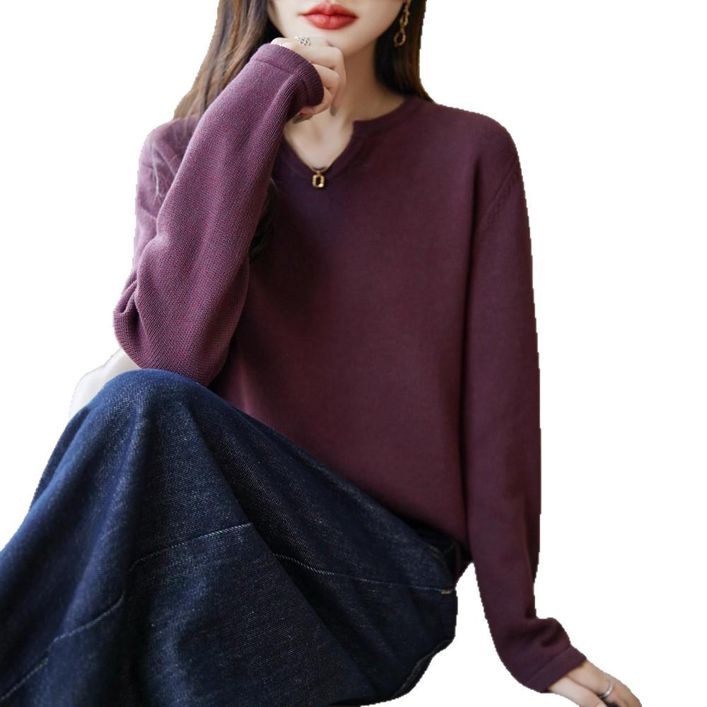 Höst/Vinter 2025 V-ringad Lösstickad Tröja i Ren Bomull för Kvinnor