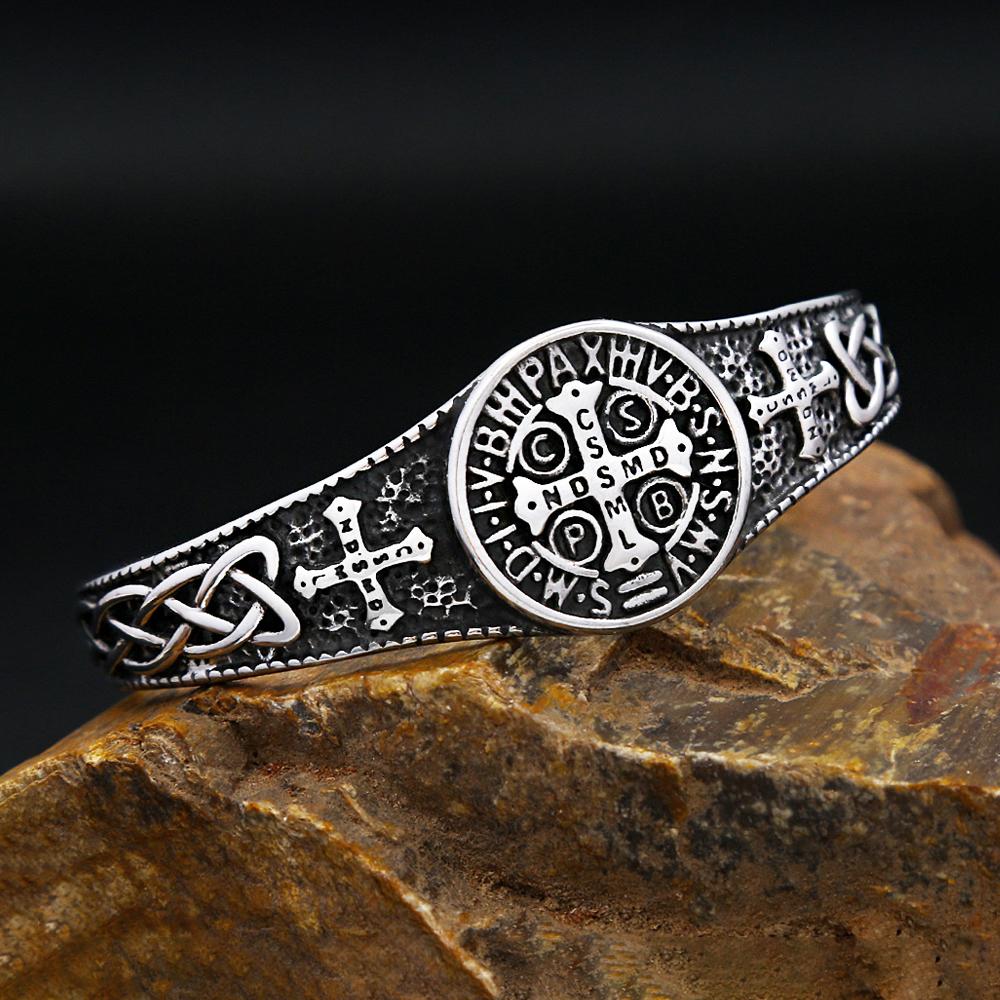 New Classic Saint Benedict Bracelet For Men Women Stainless Steel Fashion Cross Opening Bangles Biker Jewelry Dropshipping