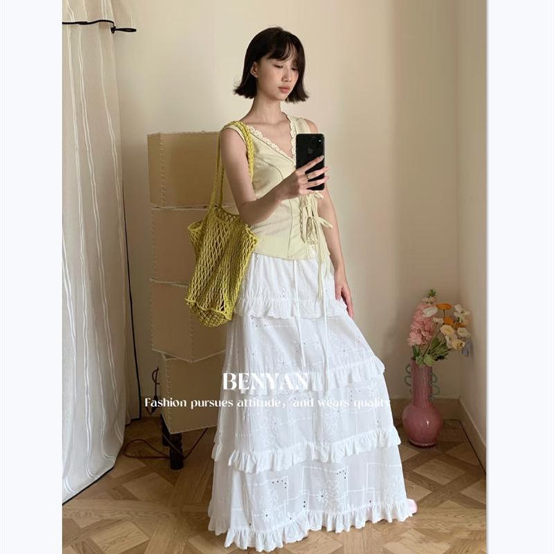 Spring 2026 Korean Style White Layered Embroidered Skirt for Women