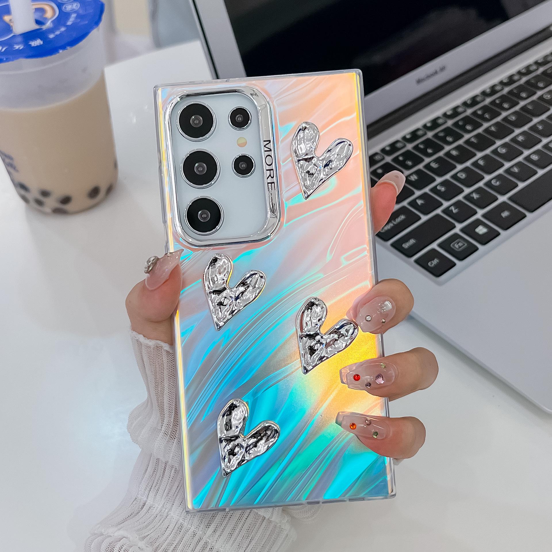 Чехол-бампер Samsung S25 Ultra/S24 Plus 3D DIY Сердце A16 Гальванизированный Лазерный Жесткий Чехол A15 5G