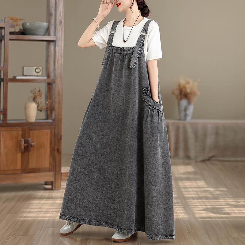 DIMANAF Women Plus Size Denim Dress Maxi Long Dress Sleeveless Vintage Loose Casual Basic Dresses Cottton