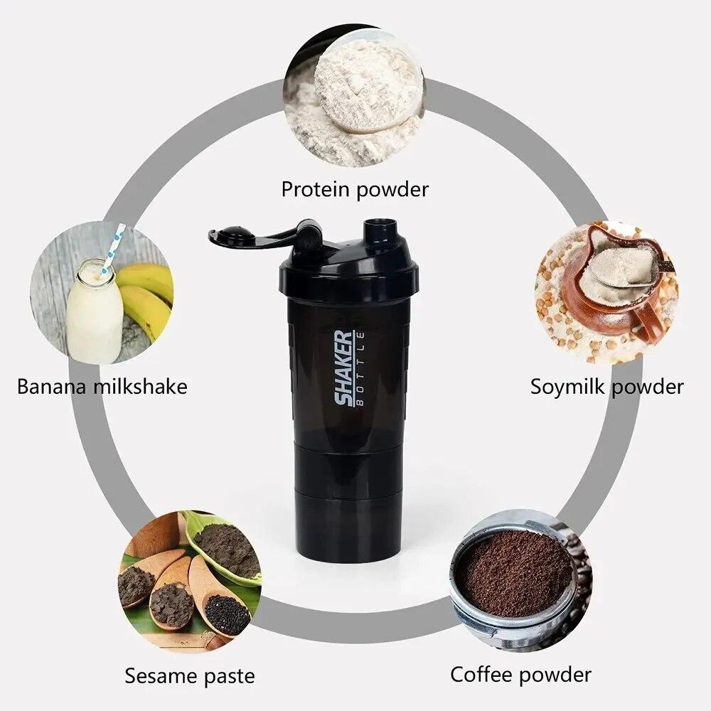 3 Katmanlar Shaker Protein Şişesi Toz Shake Bardak Su Şişesi Plastik Karıştırma Kabı Vücut Geliştirme Egzersiz Şişesi