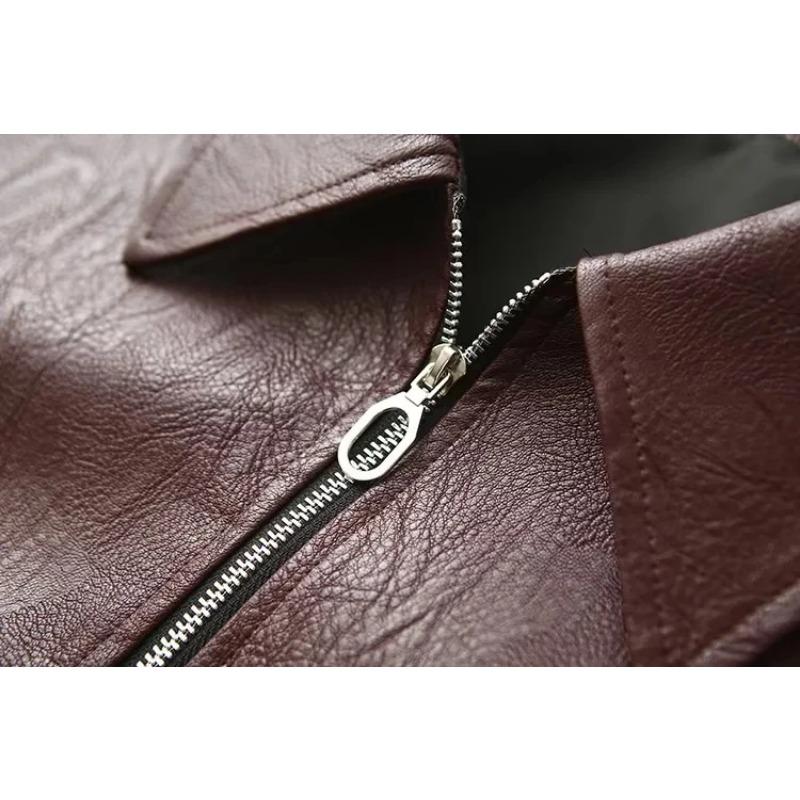 Vintage Solid Color Lapel Zipper Leather Outwear Casual Long Sleeved Elastic Short Women Coat Fall Commuting Street Jacket