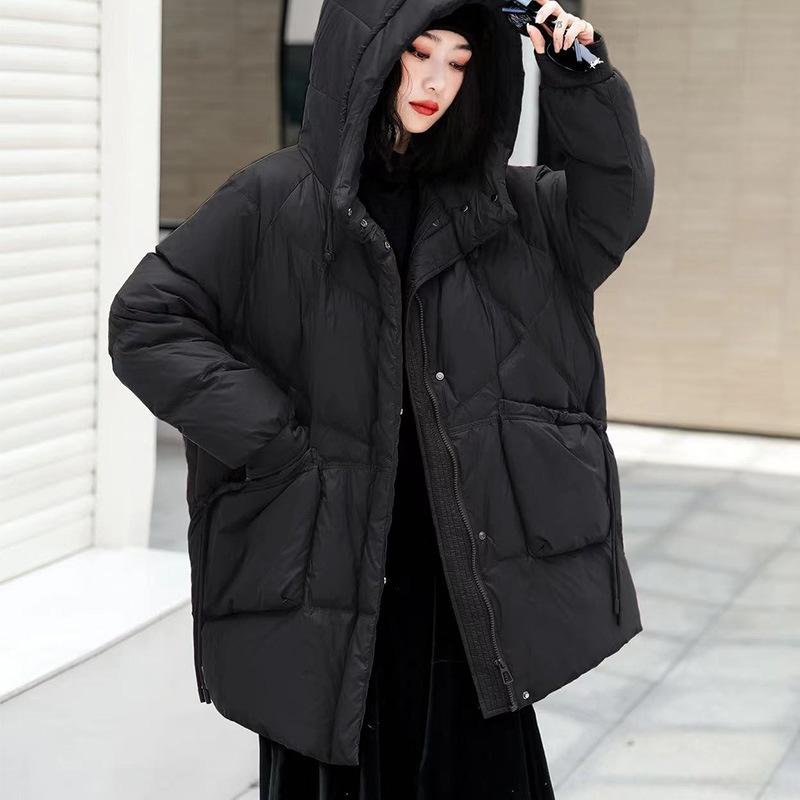 Hooded Puffer Jacket Women Warm Overcoat White Duck Down Loose  Long Winter