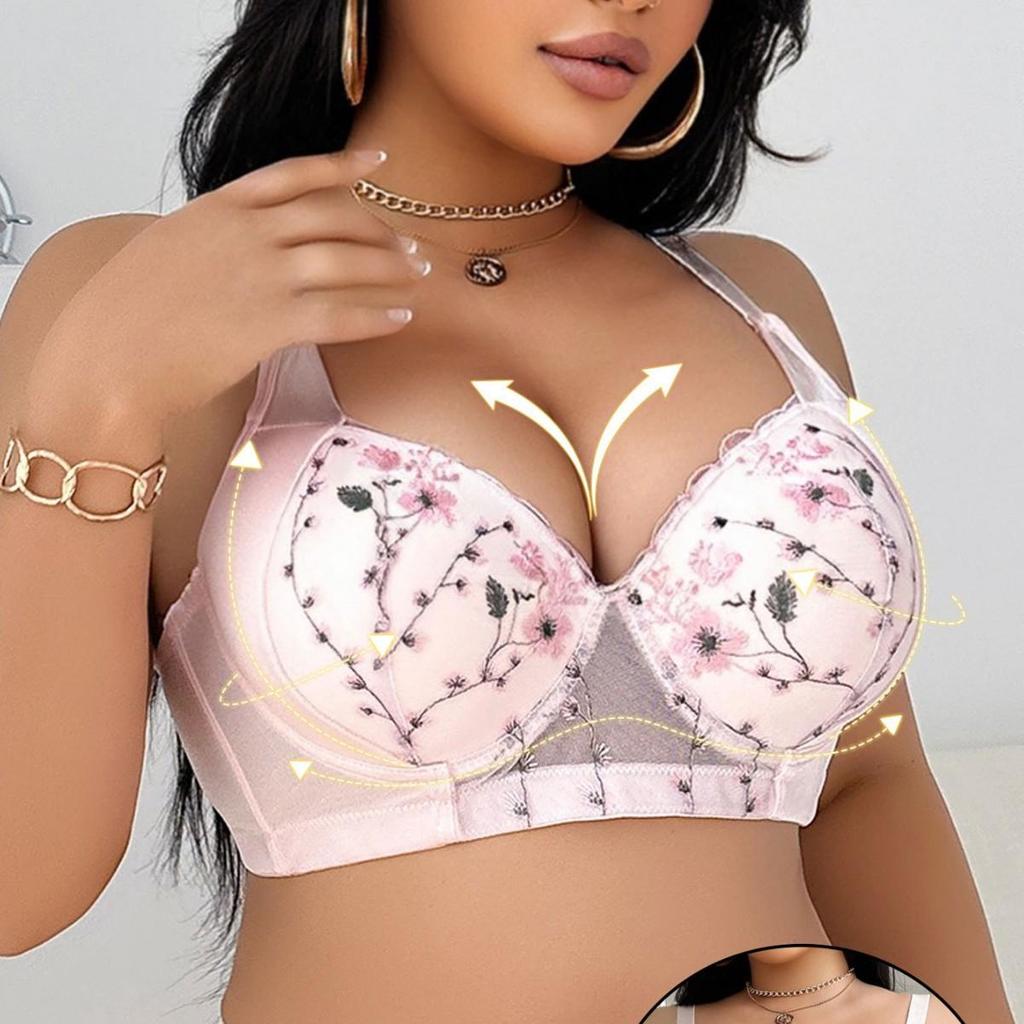 Women Floral Embroidery Wide Strap Full Cup Anti-Sag Plus Size Support Bra