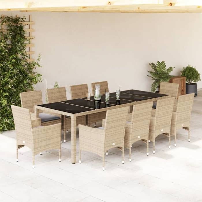 VidaXL Ensemble à manger de jardin et coussins 11pcs beige rotin verre, ensemble de salle à manger d'extérieur 3278594