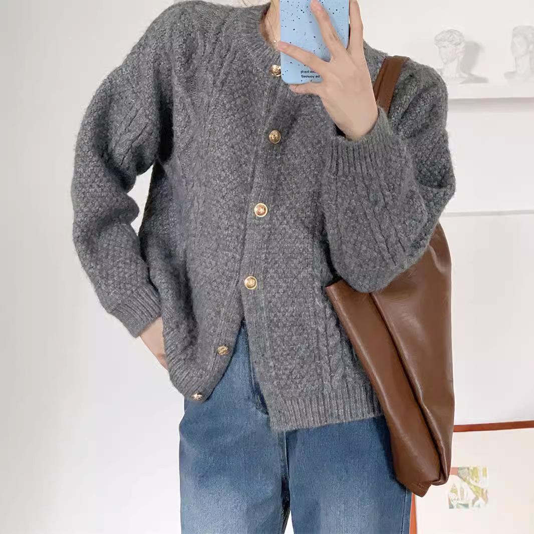 

Вязаный кардиган с круглым вырезом, свободный, повседневный, однотонный, свитер с косами и клетчатым узором One size серый