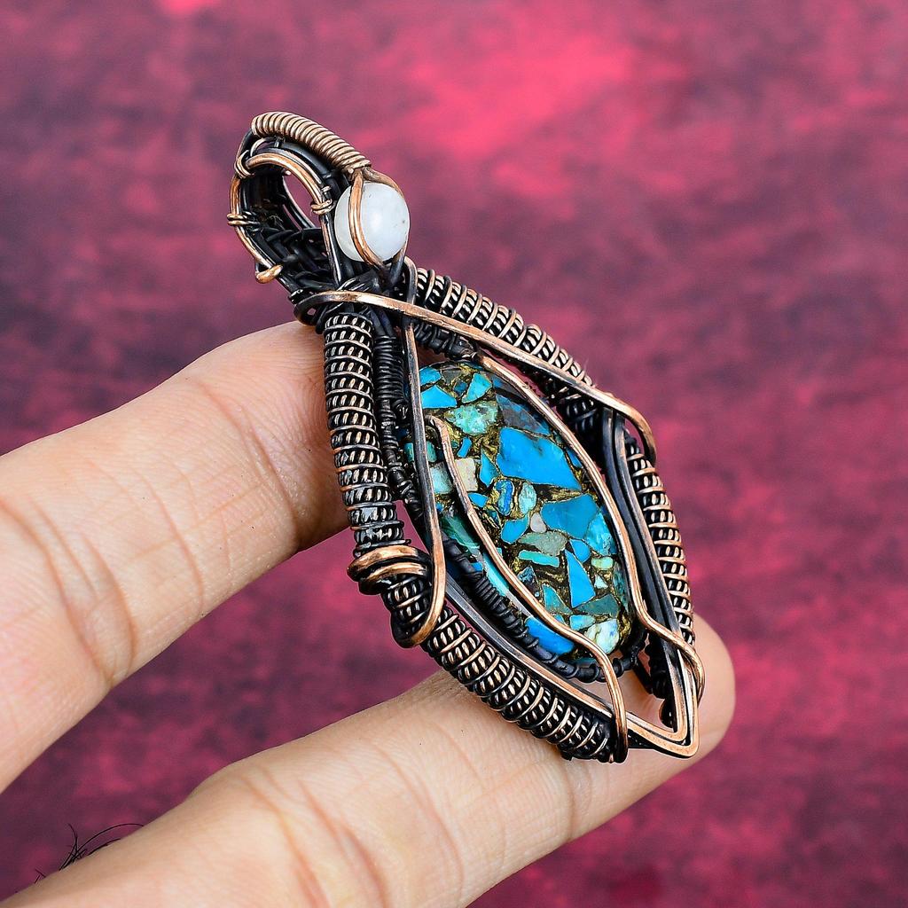 Copper Chrysocolla Pendant Copper Wire Wrapped Moonstone Jewelry Gemstone Pendant