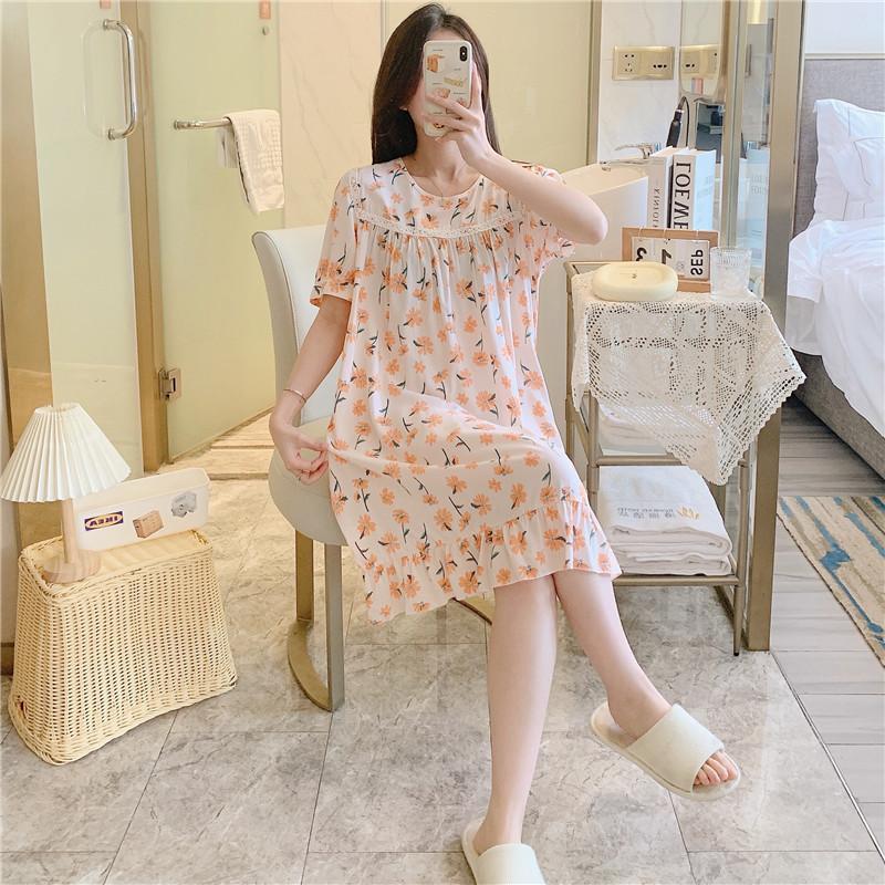 1011 new pajamas women's cotton and silk round neck loungewear thin fashion home artificial cotton and silk nightgown can be worn outside