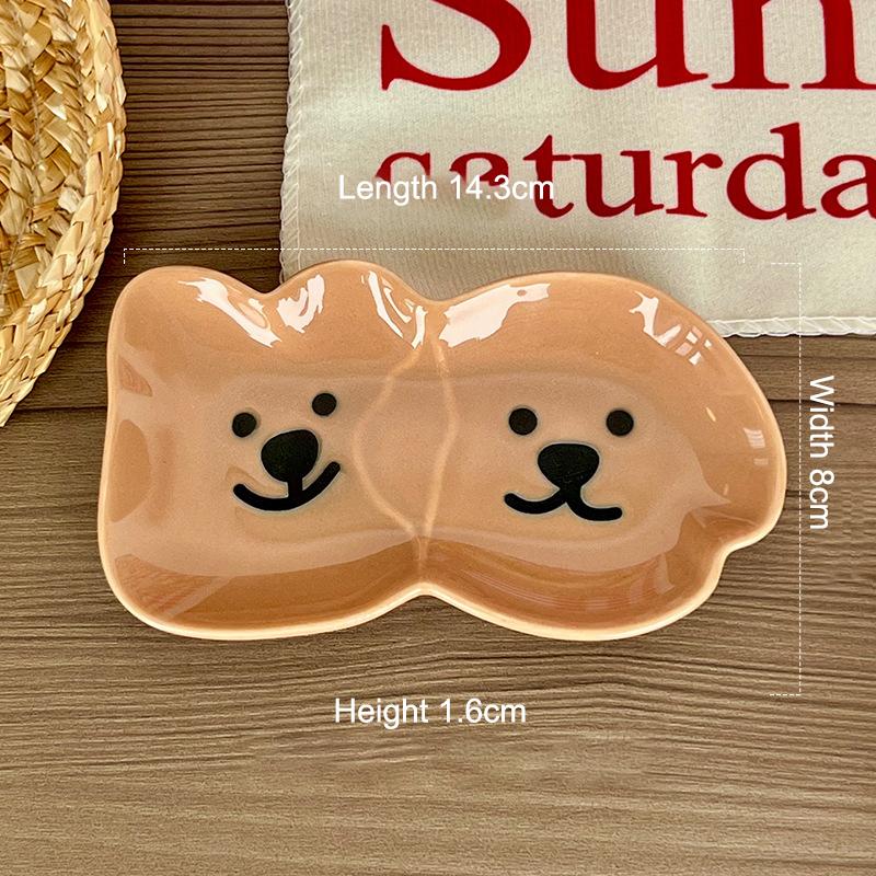 Adorable Ceramic Sauce Dish With Cute Dog & Bear Design - Single/Double Compartment Dip Bowl For Condiments, Snacks, Sushi, Soy