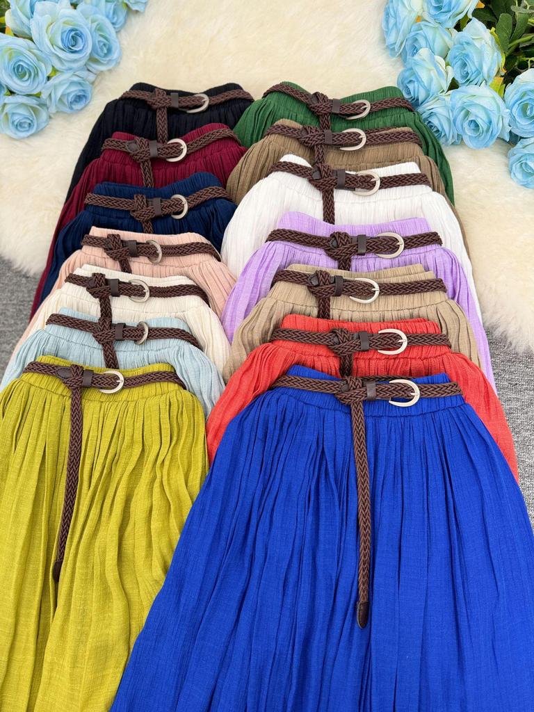 European & American A-line Pleated Cotton Linen Skirt with Elastic Waist - Mid-Length, Versatile, Women's