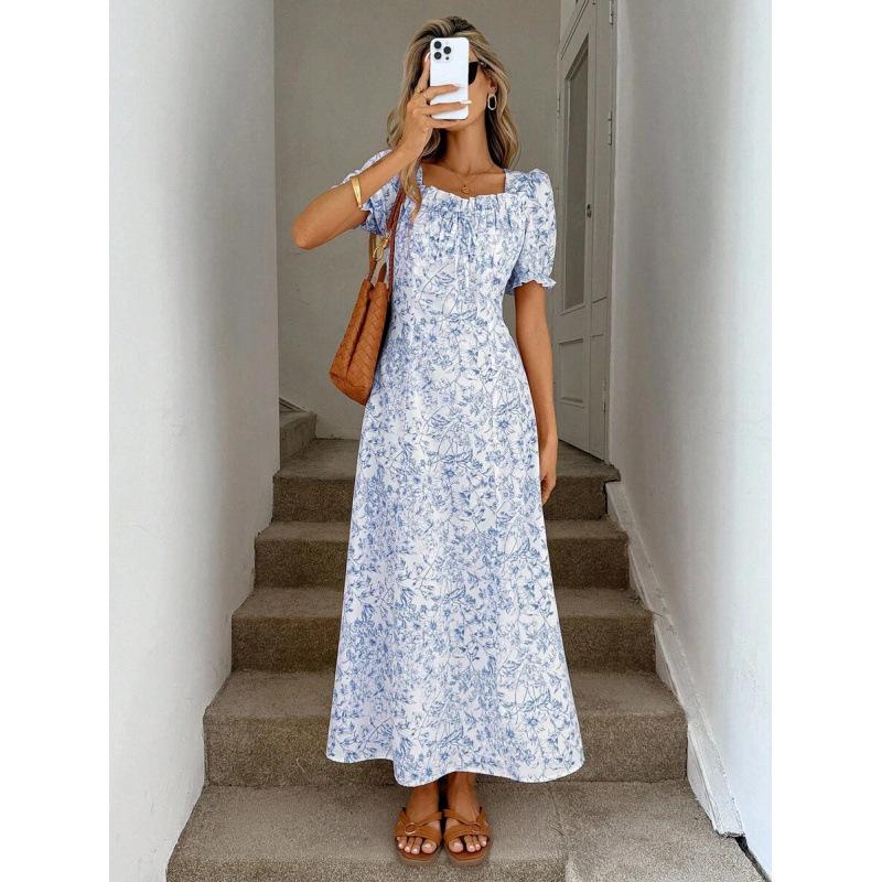 Fungus edge square neck bubble sleeve thin dress women s 2026 summer new design temperament skirt S