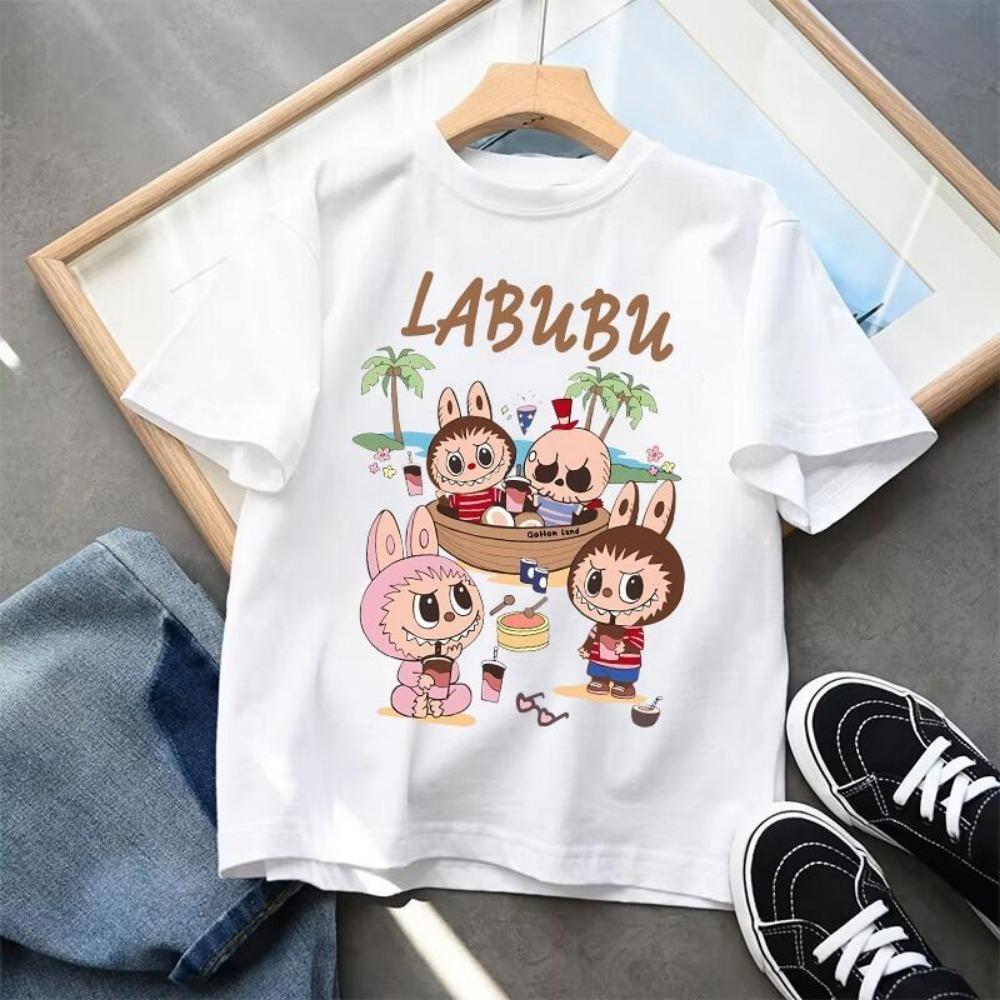 Labubu Cartoon Children's Short Sleeved T-shirt Casual Top Unisex Summer Round Neck Printed Girls' Clothing