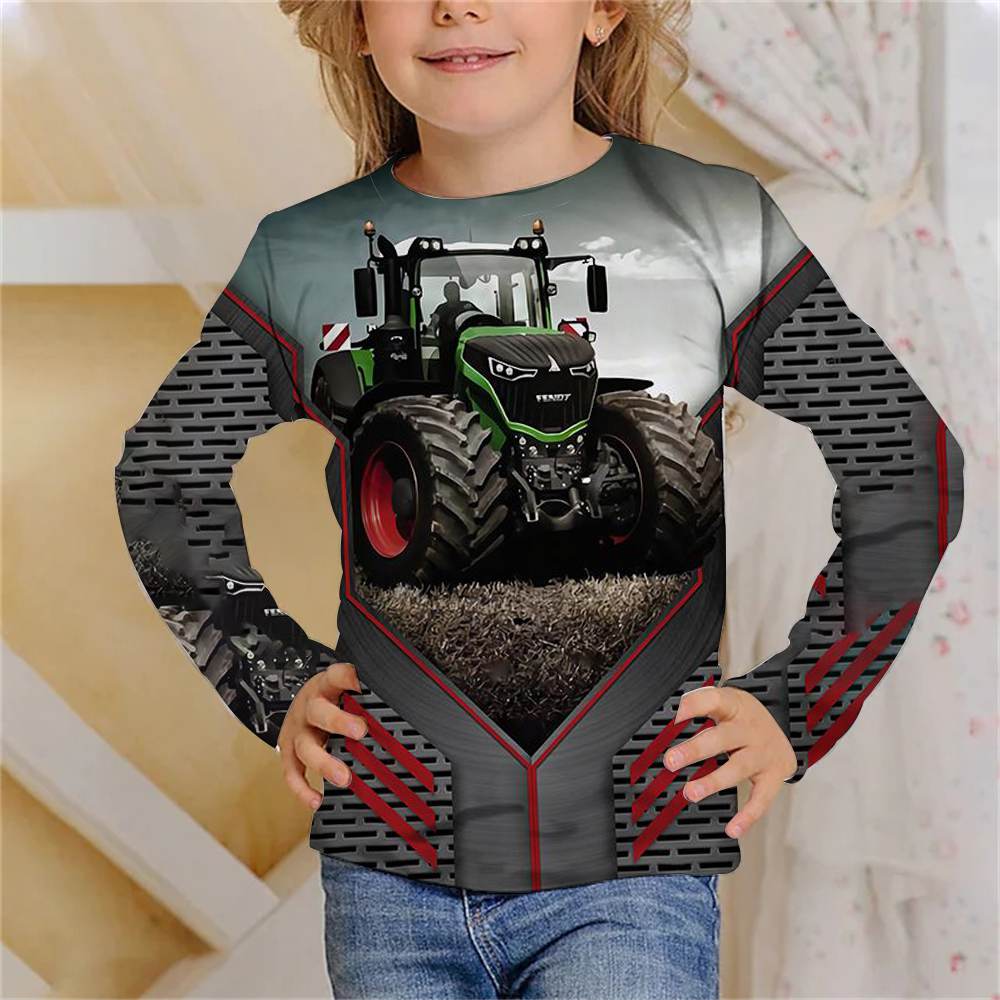 Spring and Autumn Round Neck Truck Tractors 3D Printed Top Fashionable Casual Long Sleeved Children's Girl T-shirts