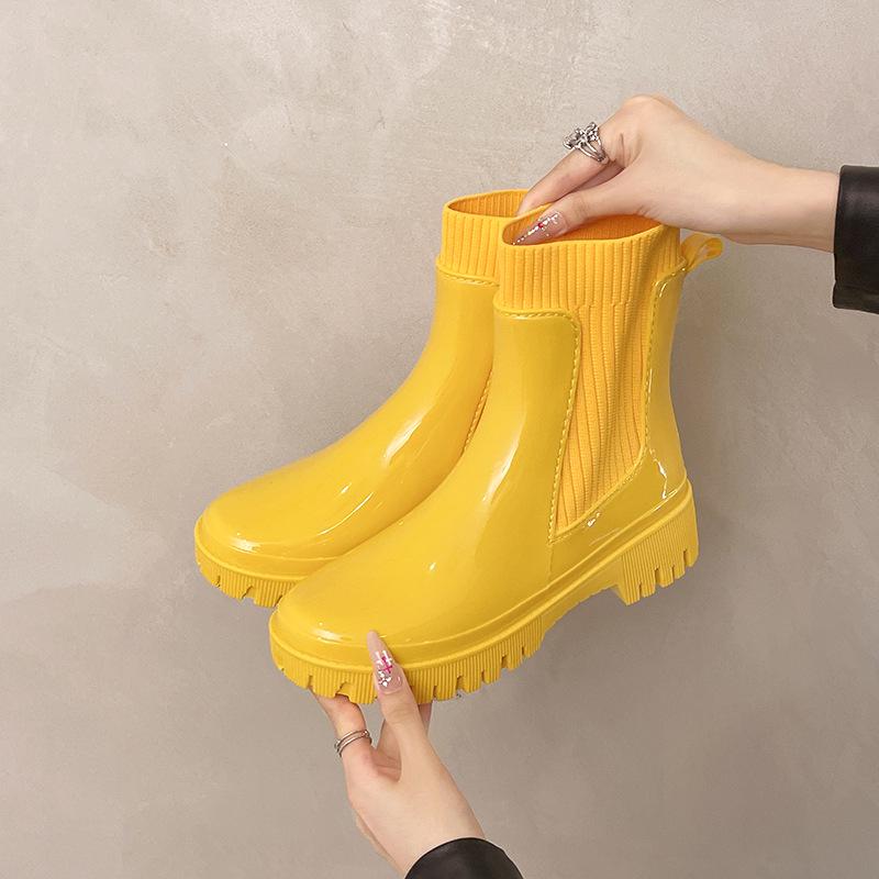 2025 Women's Fashion Elastic Band Waterproof Rain Boots - Thick Sole, Solid Color, Non-Slip & Versatile Casual Galoshes